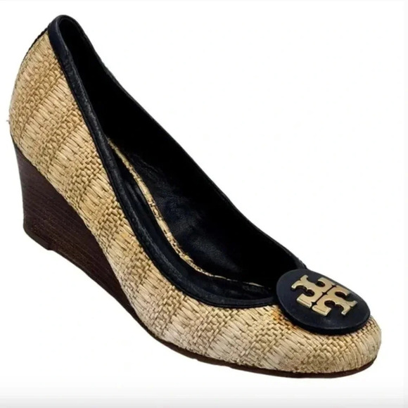 Tory Burch Shoes - Tory Burch Sally Raffia Straw Wedges High Heel Wedge Shoes Tan Navy Blue Size 10